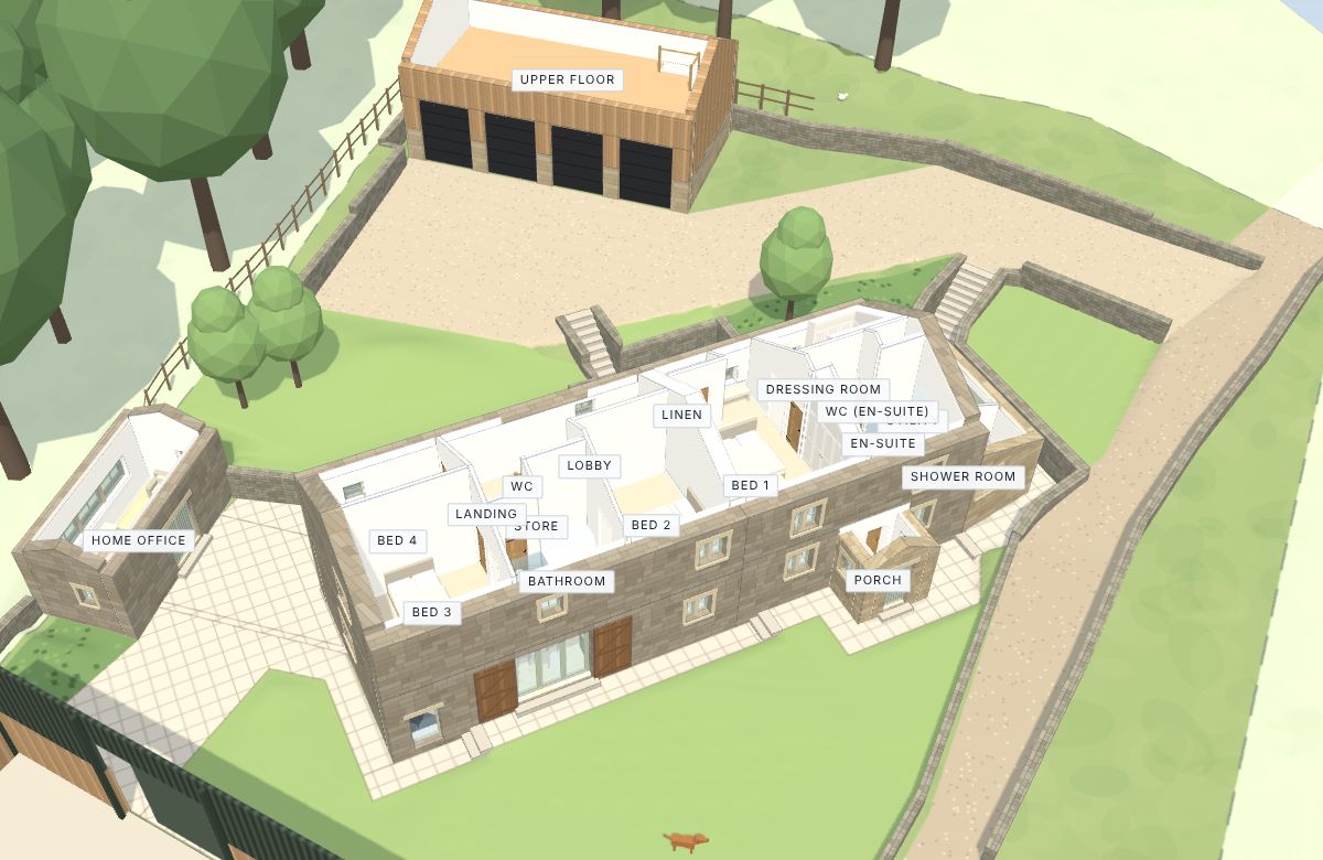 A building modelled with its roof lifted off, every room labelled, beside its outbuildings.