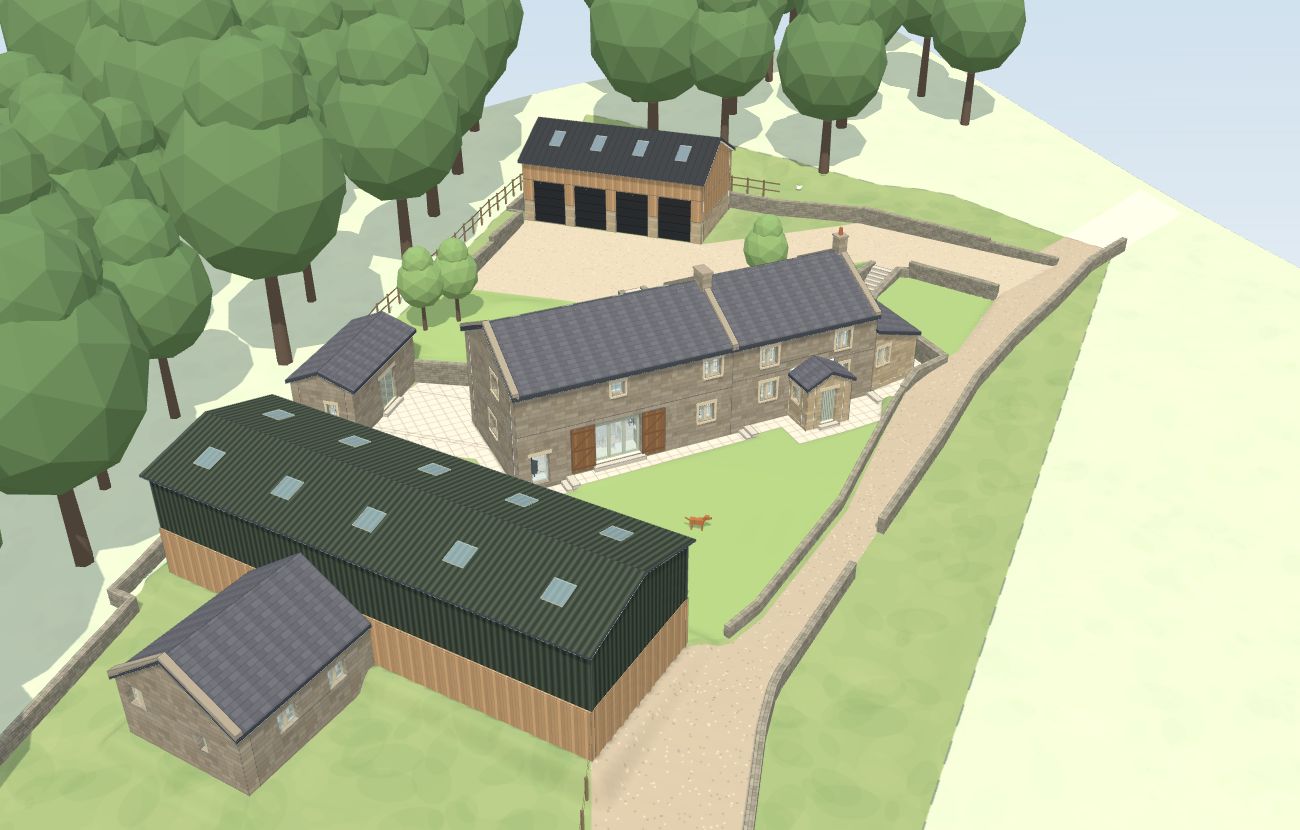 A scheme of several buildings modelled in 3D on their sloping site, seen from above.