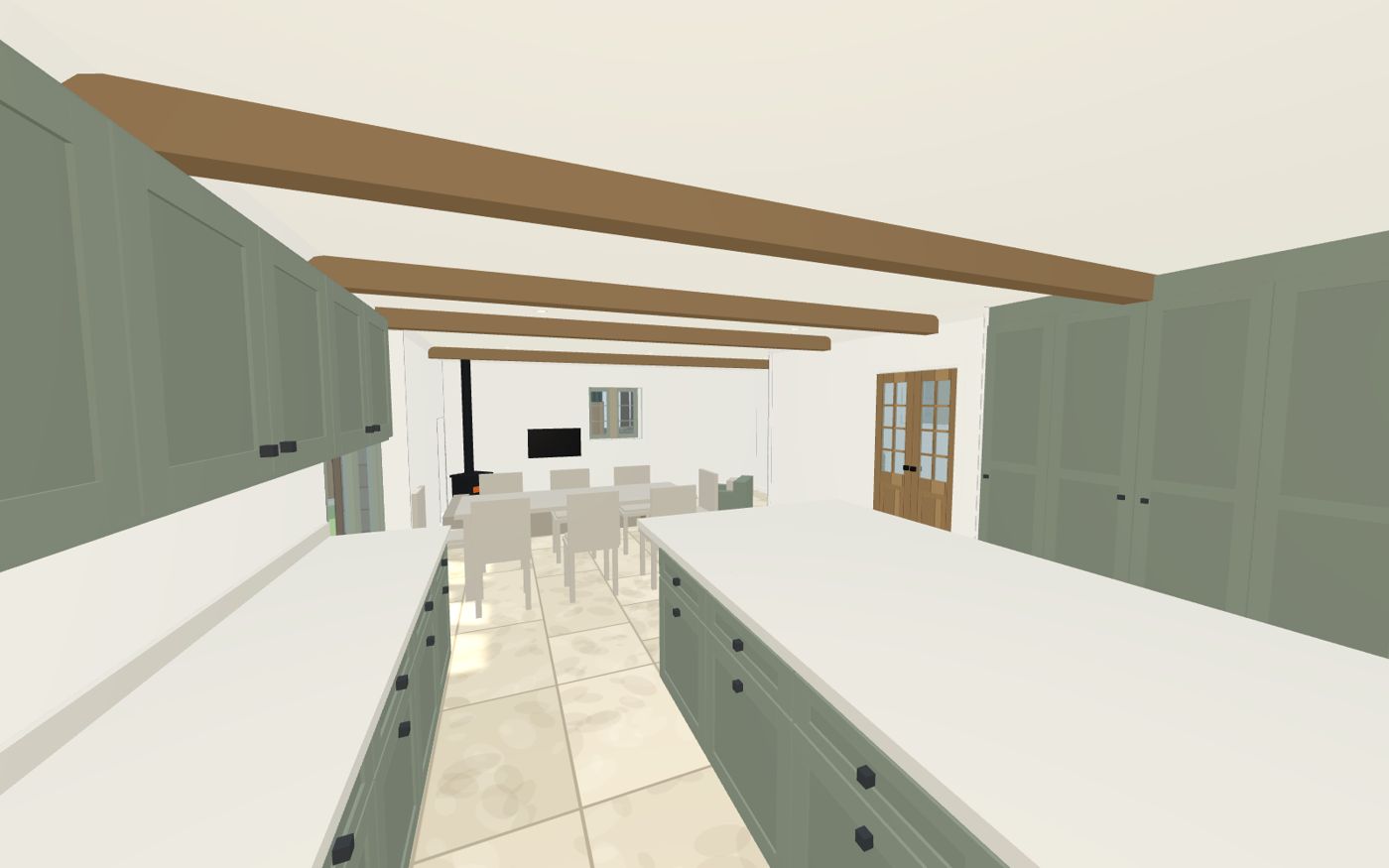 Walking view of a modelled kitchen with green shaker units, an island and oak beams, looking through to the dining table.